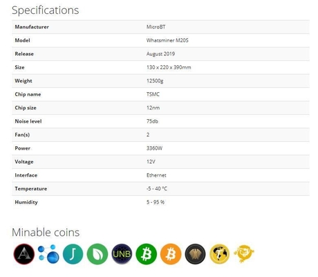 Minatore 75db P21 di Microbt Whatsminer M21s 56t BTC Asic